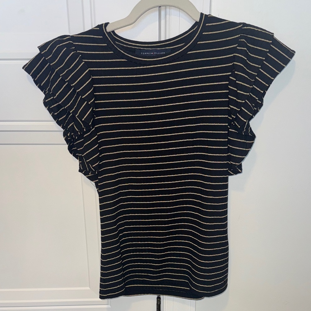 Tommy Hilfiger Black Ruffle Sleeve Tee with thin Gold Stripes XS Petite